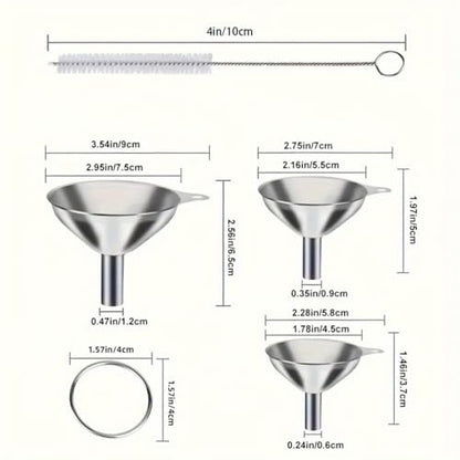 Metal Stainless Steel Funnel, Large Medium Small Funnel Set of 3, Food Grade Mini Funnels for Kitchen Use Filling Bottles Flask Cooking, 1 Brushes