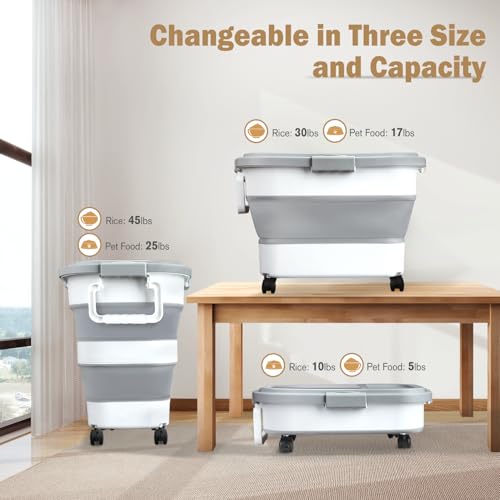Komzon Rice Storage Container, Collapsible Airtight Food Storage Containers 6-20 Lbs, Rice Dispenser Bin with Cup and Scoop for Flour Cereal Pasta Grain, Cat Bird Pet Dog Food Storage Container - size: 6-20 Lbs