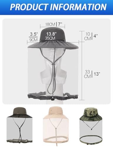 Wide Brim Bucket Sun Hat with Concealable Mosquito Mesh, Adjustable Chin Strap for Fishing, Gardening, Hiking & Camping - color: Black