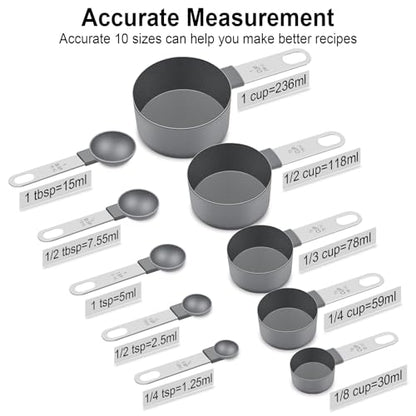 Measuring Cups and Spoons Set of 10 Pieces, Nesting Measure Cups Spoons with Stainless Steel Handle for Dry & Liquid Ingredient, Kitchen Gadgets, Grey - color: Grey 10 Pcs