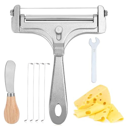 7pcs Cheese Slicer Kit, Adjustable Thickness Stainless Steel Handheld Wire Cheese Cutters with Replacement Wires Wrench Butter Knife Practical Kitchen Tools for Block Butter