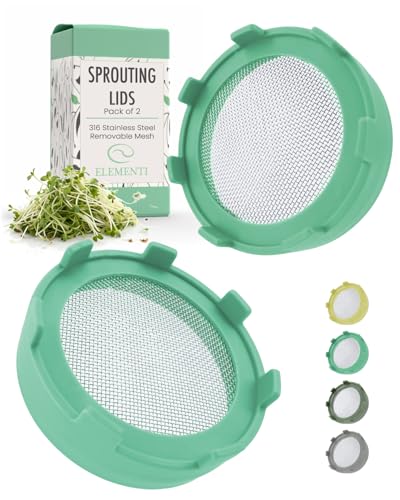 Elementi Sprouting Lids for Wide Mouth Mason Jars (Set of 2), Sprouting Jar Kit for Organic Sprouts, Alfalfa & Mung Bean Sprouts Grow Kit, 316 Stainless Steel Mesh Screen Strainer Lid (Mint) - color: Mint Green