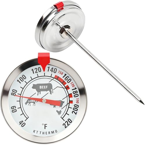 Meat Thermometer for Oven, Analog Leave-in with Adjustable Red Target Indicator, 2-Inch Dial with Meat Icons, 4.3-Inch 304 Stainless Steel Probe, 40-220°F for Beef Poultry Pork Lamb Seafood - color: Analog-Color-Coded Meat Zones