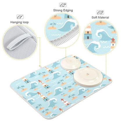 Ocean Lighthouse Palm Tree Dish Drying Mat for Kitchen Counter Super Absorbent Draining Mat with Non-slip Backed Dish Drying Pad for Countertops Sinks Draining Racks Dish Bottles Cups Bowl