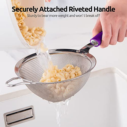 18/8 Stainless Steel Mesh Strainer: U-Taste 5.5 Inch Kitchen Fine Mesh Sieve Food Colander with Riveted Sturdy Silicone Handle and 30 Mesh Hole for Straining Flour, Pasta, Fruit, Quinoa (Purple) - color: (5) Purple, size: Medium (5.5 x 13 in)