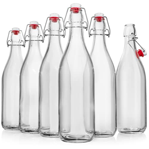 Swing Top Glass Bottles [1 Liter / 33 fl. oz.] [Pack of 6] – Flip Top Coquito Bottles for Kombucha, Fermentation, Beer, Kefir, Wine – Airtight Stopper Lids with Extra Gaskets, Funnel, Labels & More - size: 6
