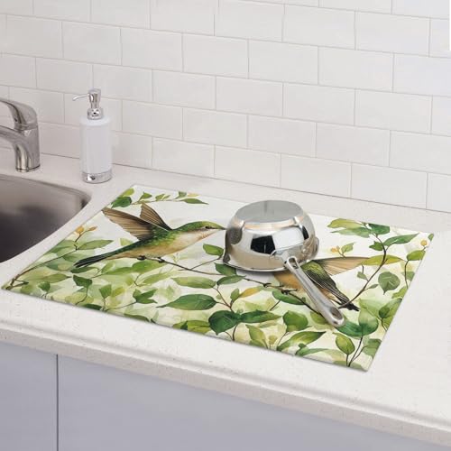 Green Hummingbird Dish Drying Mat for Kitchen Counter Microfiber Super Absorbent Non-Slip Dish Drying Pad for Countertops Dishes Utensils Stylish Quick-Dry Machine Washable 18x24 Inch - color: Green Plants Hummingbird