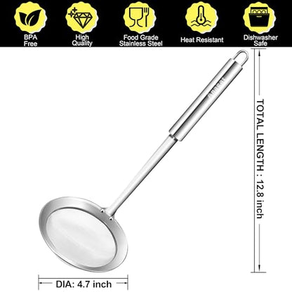 Anaeat 4.7" Stainless Steel Fat Skimmer Spoon - Professional Kitchen Fine Mesh Food Strainer and Hot Pot Skimmer with Long Handle for Skimming, Cooking, Frying, Grease, Gravy and Foam - color: 4.7" Fine Mesh Skimmer