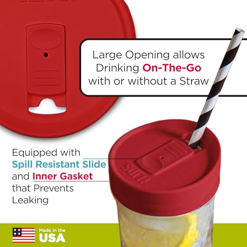 Wide-Mouth Mason Jar Drink Lid - USA Made, BPA-Free, Spill-Resistant for Coffee, Cold Brew & Iced Tea - Fits 3 3/8 in Ball & Kerr Wide Mouth - Pack of 2 - color: Red
