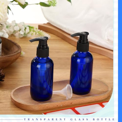 Fumete 2 Pack Glass Bottles 4oz Empty Refillable Liquid Containers with 1 Label 1 Funnel for Essential Oils Hair Travel Plants Cleaning Skin Care(Blue, Black Top,Pump Bottle) - color: Blue, Black Top, style: Pump Bottle