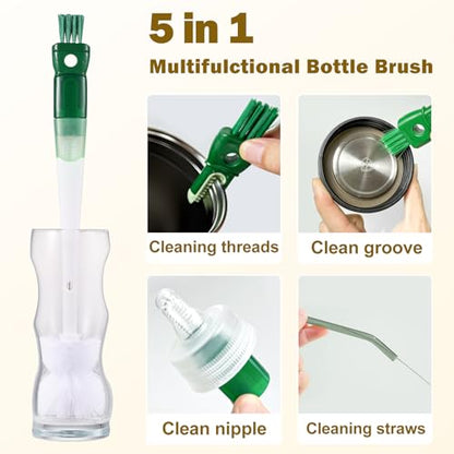 XYFuuee 5 Pack Dish Bottle Brush Set with 5-in-1 Cup Cleaning Brush, Dish Scrub Long Handle Brush with Scraper Tip, 3 Straw Cleaner Brushes for Stanley, Washing Kitchen Sink Pot Pan Water Bottle Stove - color: Green