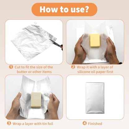 400 Pack Butter Wrapping Paper Set, 200 Pcs Aluminum Packaging Wrapping Sheets and 200 Pcs Silicone Oil Sheets, 9.84 x 9.84 and 8.66 x 8.66 Inches, for Homemade Butter Storage and Chocolate Packaging