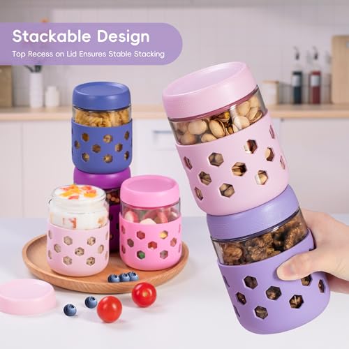 Gemice 6-Pack 16 oz Overnight Oats Containers with Lids and Silicone Sleeves, Glass Mason Jars with Airtight Lid, Dishwasher Safe, Wide Mouth Chia Seed Pudding Meal Prep Jar for Yogurt Berries Snack - color: Purple, size: 16oz, 6-Pack