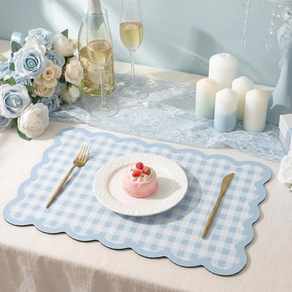 Scalloped Gingham Coffee Mat 12" x 20" Absorbent Coffee Bar Mat Brown Gingham Espresso Matt for Counter(Blue) - color: Blue