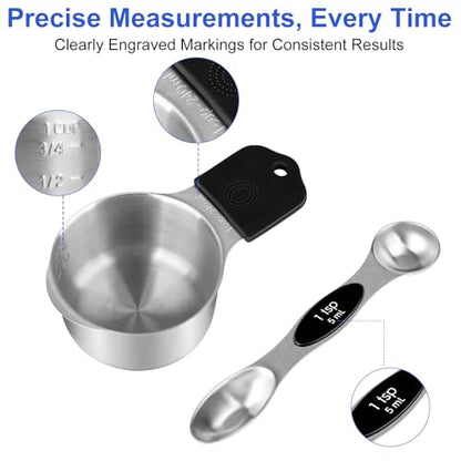 Magnetic Measuring Cups and Spoons Set, Kitchen Measuring Tools for Cooking and Baking - color: Silver