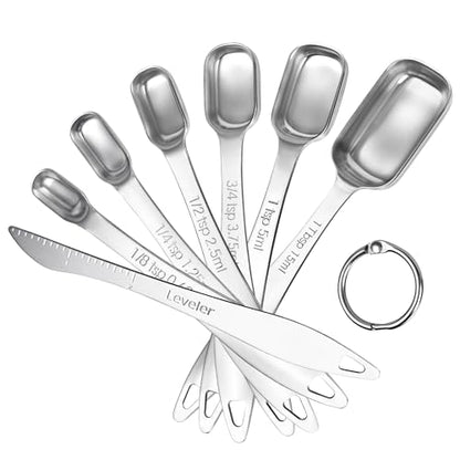 U-Taste Narrow Square Measuring Spoons: 18/8 Stainless Steel Kitchen Measure Teaspoon Tablespoon with Leveler, Polygon Rectangular Metal Jar Scoop for Baking Cooking, Coffee, Spice, Powder (Set of 7) - size: M-6+1 pcs (square)