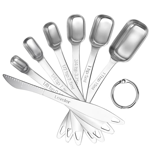 U-Taste Narrow Square Measuring Spoons: 18/8 Stainless Steel Kitchen Measure Teaspoon Tablespoon with Leveler, Polygon Rectangular Metal Jar Scoop for Baking Cooking, Coffee, Spice, Powder (Set of 7) - size: M-6+1 pcs (square)