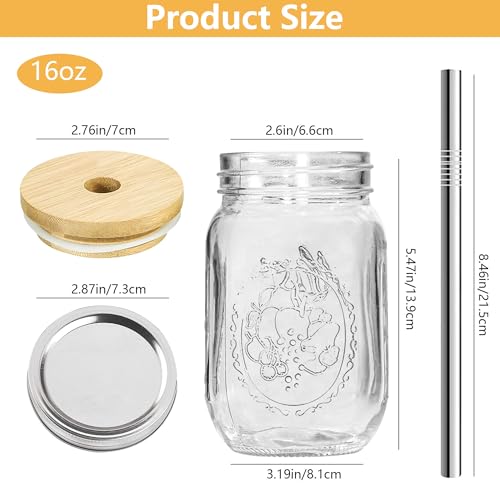 16oz Glass Mason Cup with Bamboo Lids, 2Pack Wide Mouth Mason Jars | Boba Cups with Lids and Straw, for Iced Coffee Juice Milkshake Tea - size: 2Pack 16oz