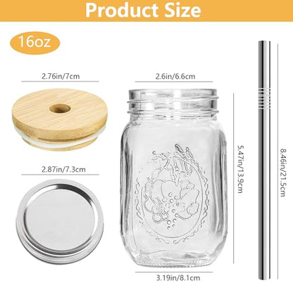 16oz Glass Mason Cup with Bamboo Lids, 2Pack Wide Mouth Mason Jars | Boba Cups with Lids and Straw, for Iced Coffee Juice Milkshake Tea - size: 2Pack 16oz