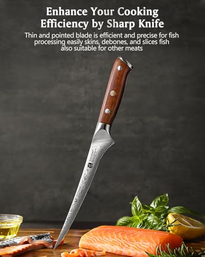 XINZUO 7 Inch Fillet Knife, Damascus Steel with 10Cr15MoV Core, Razor Sharp Boning Knife for Fish, Meat & Seafood, Rosewood Handle - size: 7"