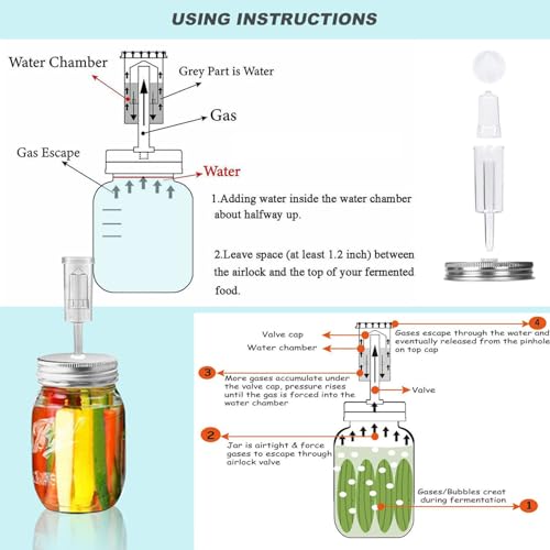 Plastic Mason Jar Fermentation Kit, 6 Fermenting Lids with Airlocks, 2.76 Inch Regular Mouth Fermenters for Canning Jars (Jars Not Included)