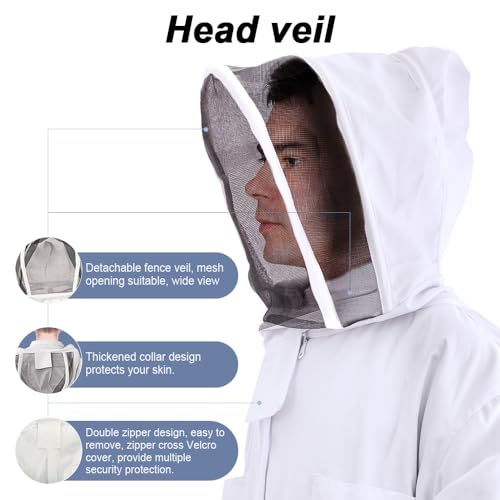 Bee Suit Series,One-Piece Full Set of Clothing with Gloves,Polycotton Material is More Assured - color: White Fencing Veil, size: XL Large