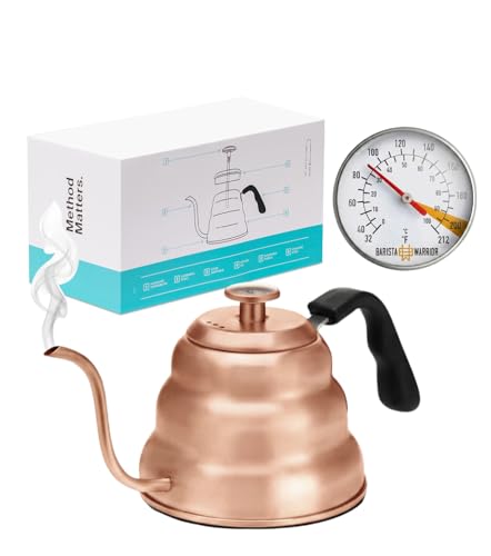 Barista Warrior Gooseneck Kettle with Built-In Thermometer for Pour Over Coffee & Tea - 1L Stainless Steel Kettle Stovetop Safe with Precision Spout - Copper Coated Stainless Steel - color: Copper Coated Stainless Steel, size: 1.0L