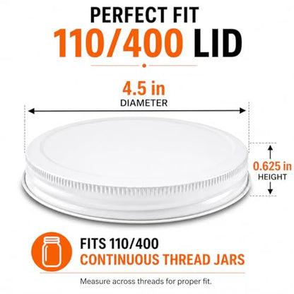 White Metal Lid for 1 Gallon & 1/2 Gallon Wide Mouth Glass Jars – 110mm (4.33") ID & (4.50") OD Fit – Food-Grade, Leak-Resistant Caps (Jars Not Included)