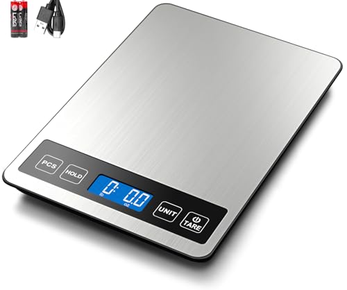 Fuzion Food Scale, 22lb/0.1oz Digital Kitchen Scale - 7 Units, Tare & PCS | Rechargeable Power, Tempered Glass & Stainless Steel - Digital Food Scale Grams and Ounces for Weight Loss, Baking, Cooking - color: Silver Blue