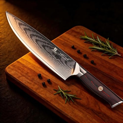Chef Knife,8inch Damascus knife,67-Layer High Carbon Stainless Steel Kitchen Knife,Professiona Sharp Cutting Knives with Ergonomic G10 Red Black Handle,Gift Box for Home and Kitchen Birthday Gift - style: 13C pro Chef Knife(Red Black)