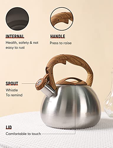 BELANKO 2.7 Quart Tea Kettle for Stovetops - Food Grade Stainless Steel Teapot with Loud Whistle, Cool-Touch Wood Pattern Handle, Rust-Resistant Whistling Kettle - Classic Silver - color: Classic Silver