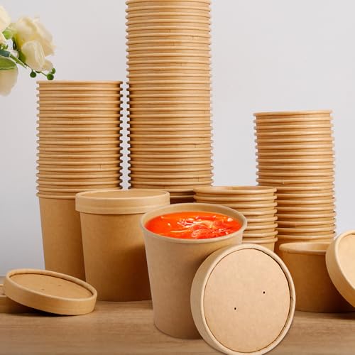 50 Pack Kraft Paper Soup Containers with Lids, 16 Oz Disposable Paper Food Containers, Round, Brown, General Use, Freezer & Microwave Safe
