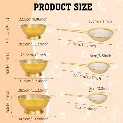3 Pcs Stainless Steel Gold Colander and 3 Pcs Fine Mesh Strainer Set,1/3/5 Quart Metal Mesh Basket with Handles for Kitchen, Draining Pasta, Rinsing Fruit, and Cooking (Gold)