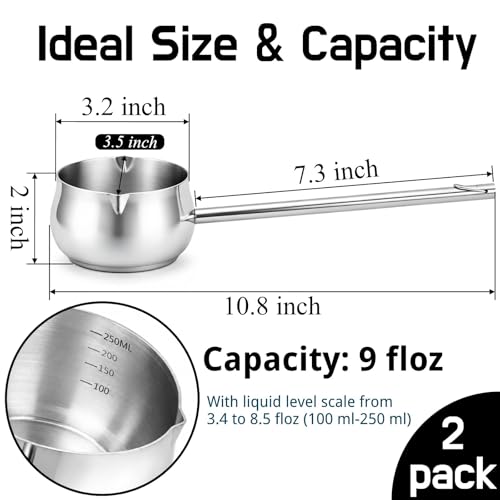 SOUJOY 2Pcs Stainless Steel Oil Ladle with Dual Pour Spout, 9oz Sauce Scoop | SUS304 Small Milk Pot, Heat-Resistant Long Handle Soup Gravy Spoon, Butter Warmer for Kitchen Cooking Serving