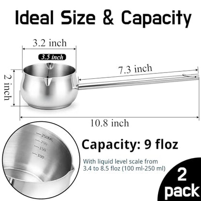SOUJOY 2Pcs Stainless Steel Oil Ladle with Dual Pour Spout, 9oz Sauce Scoop | SUS304 Small Milk Pot, Heat-Resistant Long Handle Soup Gravy Spoon, Butter Warmer for Kitchen Cooking Serving