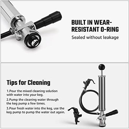 8” Keg Tap Beer Keg Party Pump, D System Beer Taps for Kegs, Kegerator Tap Stainless Steel Probe Coupler with Beer Line Faucet Hose Clamps for Homebrew