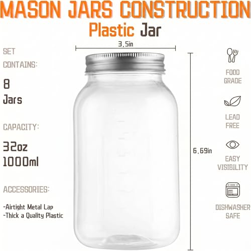 novelinks 32 oz Clear Plastic Jars with Lids and Plastic Mason Jars 32 oz | 8 Pack, Silver, Plastic Quart Containers with Lids, Quart Mason Jars Bulk, Large Jars, Mason Jars for Centerpieces - color: Silver 8Pack