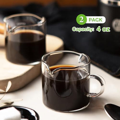 Qipecedm Espresso Cups Set of 2, 4 OZ Double Spouts Cups, Shot Glasses, Milk Cup with Handle, Clear Glass, Espresso Accessories for Machine, Small