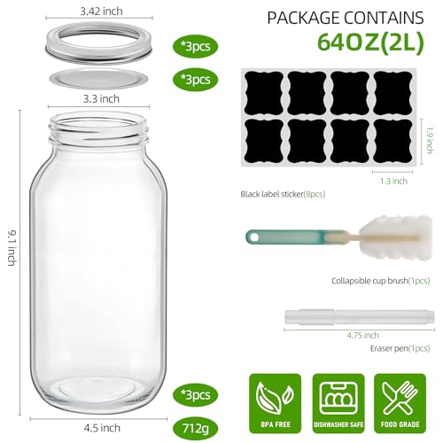 3PCS 64 OZ Wide Mouth Mason Jars with Lids, Heavy Duty Glass Airtight Storage Canning Jar and Band Half Gallon / 2 Quart, Set of 3