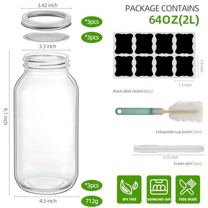3PCS 64 OZ Wide Mouth Mason Jars with Lids, Heavy Duty Glass Airtight Storage Canning Jar and Band Half Gallon / 2 Quart, Set of 3