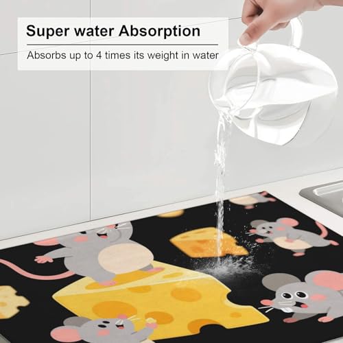 Cute Mouse Cheese Dish Drying Mat For Kitchen Counter Absorbent Reversible Drying Mats Microfiber Kitchen Countertop Protector Dishes Drying Pad Extra Large 18"X24" Dish Mat