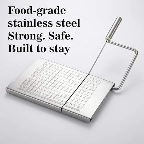 Wire Cheese Slicer & Cutter for Block Cheese & Butter — Stainless Steel Blade with Measuring Grid for Adjustable Thickness, No Wire Replacement Needed, Dishwasher Safe