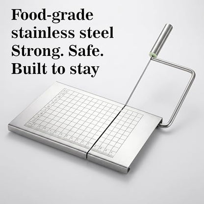 Wire Cheese Slicer & Cutter for Block Cheese & Butter — Stainless Steel Blade with Measuring Grid for Adjustable Thickness, No Wire Replacement Needed, Dishwasher Safe