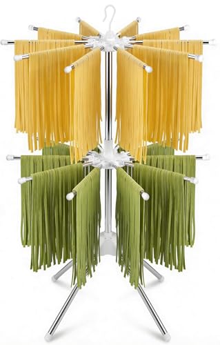 Pasta Drying Rack, 20-Rod Double Layer Large Capacity Pasta Dryer, 304 Stainless Steel 360° Rotating Foldable Noodle Stand for Homemade Spaghetti, Fettuccine, Family Pasta Night