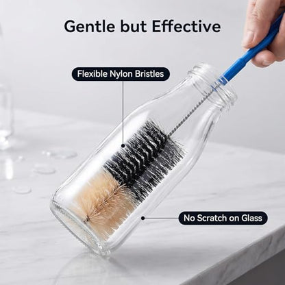 2 Pack 17 Inch Long Bottle Brush Set, Dual 2" & 1.3" Soft Nylon Bristles, Flexible Handle for Narrow Neck Bottles, Water Bottles, Kombucha, Wine Bottles, Spice Jars, Hummingbird Feeders