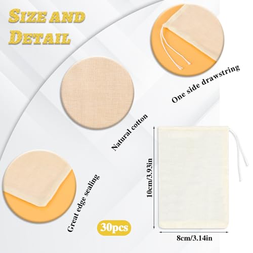 Spice Bags for Cooking, 30PCS Muslin Drawstring Soap Bags Reusable Empty Tea Bags for Loose Tea Sachet Bags Cheese Cloth Bags for Straining 3x4 Inch