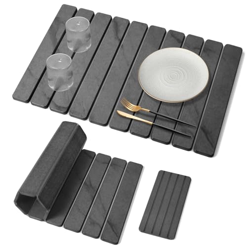 2 PCS Large Stone Dish Drying Mat for Kitchen Counter, 24"×16" Marble Dish Drying Mat with 8"x 4" Coasters, Non - Slip Collapsible Absorbent Mat for Multi - Purpose, Match Any Countertop - Grey - color: Gray Marble, size: 24" x 16"