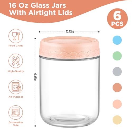 DRKIO 16 Oz Overnight Oats Containers with Lids - 6 Pack Glass Storage Jars with Airtight Lids Wide Mouth Mason Food Jars Great for Meal Prep Salad Chia Pudding Snacks Yogurt Sugar Spice Cereal - color: 16 Oz - 6 Colors