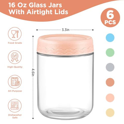 DRKIO 16 Oz Overnight Oats Containers with Lids - 6 Pack Glass Storage Jars with Airtight Lids Wide Mouth Mason Food Jars Great for Meal Prep Salad Chia Pudding Snacks Yogurt Sugar Spice Cereal - color: 16 Oz - 6 Colors