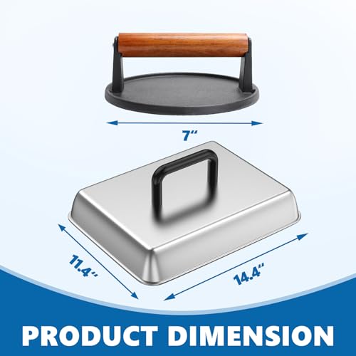 SafBbcue Round Cast Iron Smash Burger Grill Weight Press & Griddle Steamer Melting Dome Basting Cover for Blackstone Flat Top Grills Accessories, 14" Rectangular Stainless Steel Grill Basting Cover - style: 14InDome+Round Press